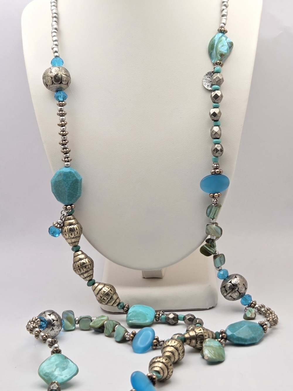 Chico's Long Turquoise Blue Statement Necklace Boho Beaded 47"